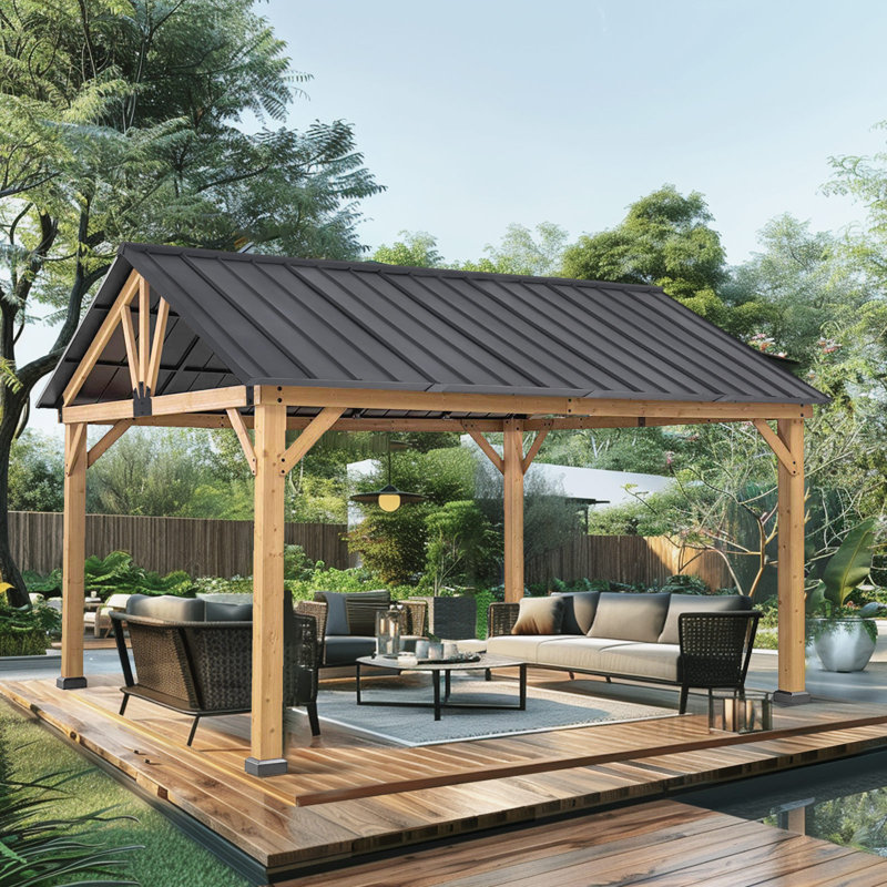 13 Ft. W x 11 Ft. D Solid Wood Hardtop Gazebo With Galvanized Steel Roof And Ceiling Hook, 120" H x 156" W x 132" D