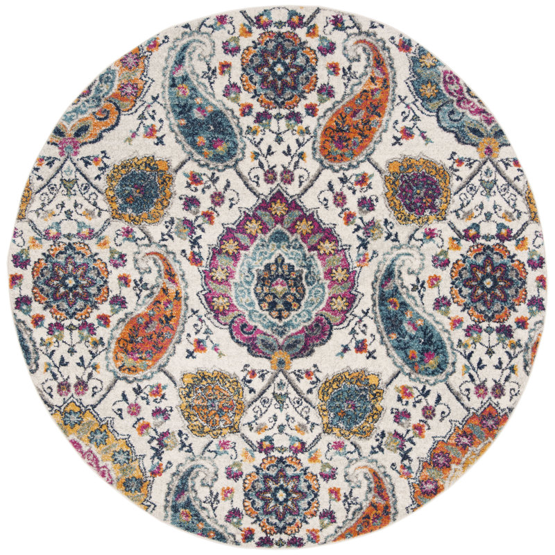 Tapis à motif cachemire Felty, Rond 8 pi, Crème / Multicolore