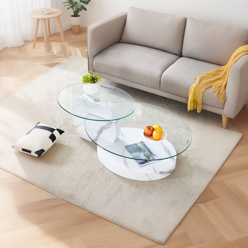 Double Clear Glass Oval Single Coffee Table, White