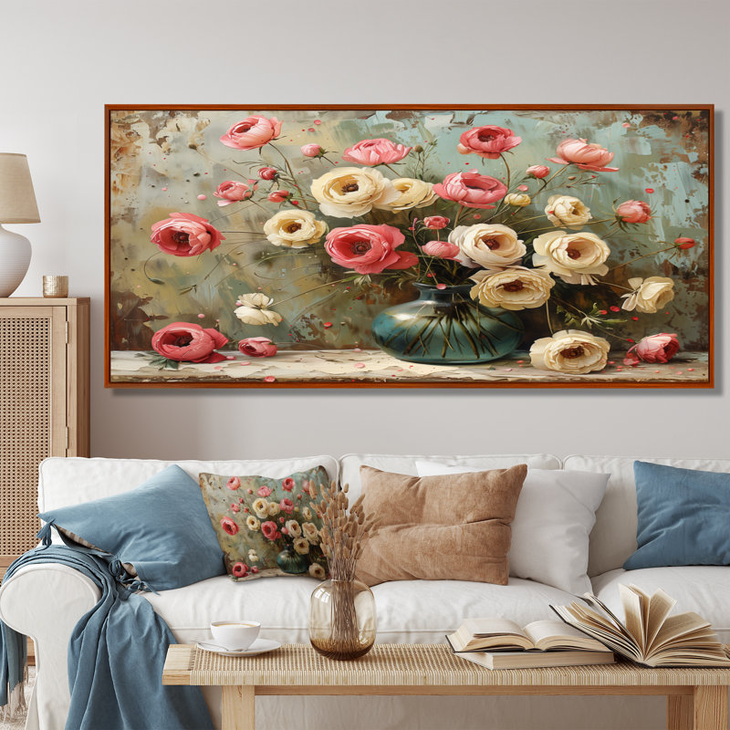 Rose et blanc, charme de ferme, Renoncule II - Renoncule, art mural, Cadre flottant brun, H 28 po x l 60 po