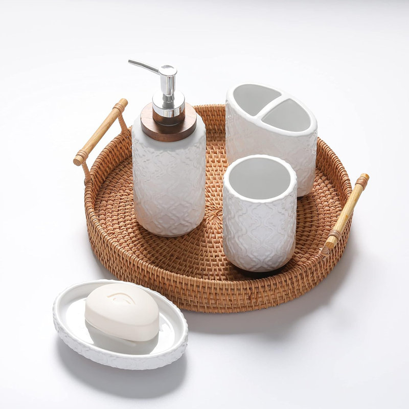 Ceramic And Wood Bathroom Accessory Set