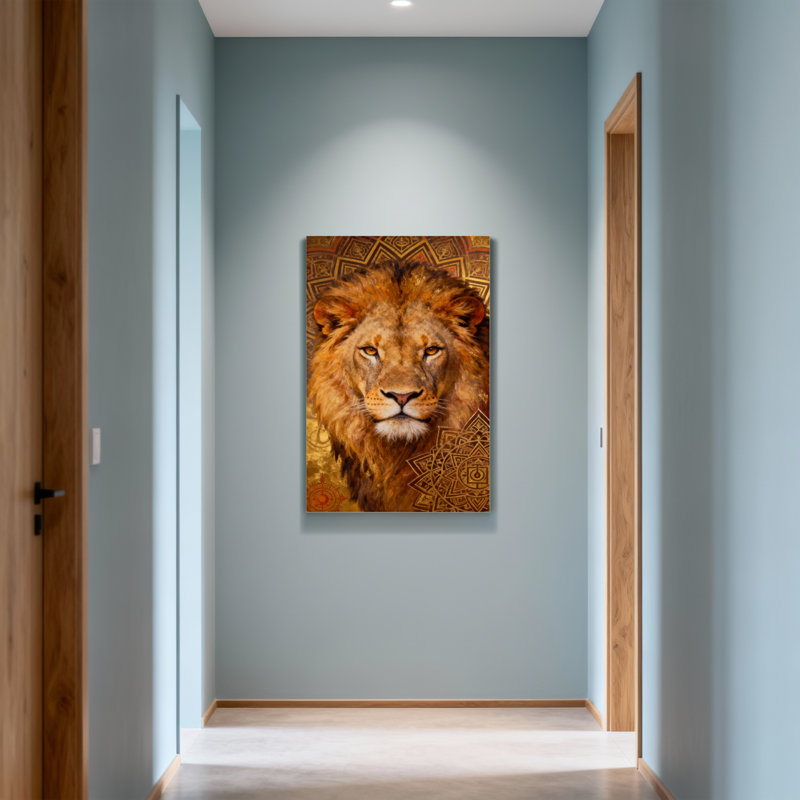 Portrait d'animaux lion avec motif de fond orné, H 18 po x l 12 po