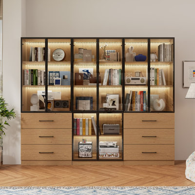 94.5" Wide Wooden Display Cabinet with Glass Doors, 6-Door Bookcase with Drawers, Metal Frame and Open Shelves