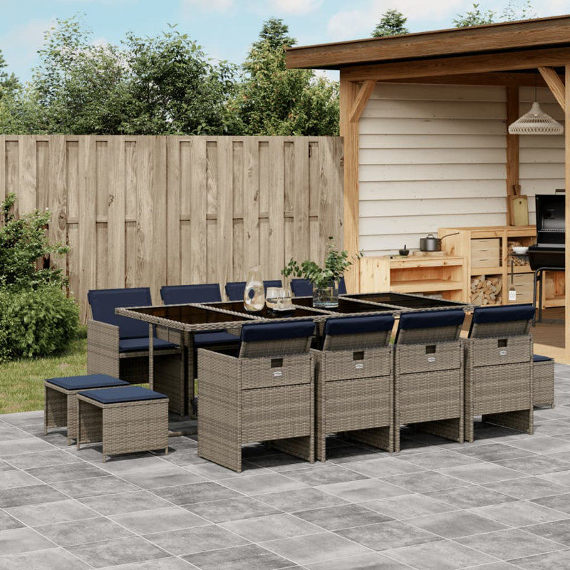  Patio Dining Set Set Of 12 Grey Poly Rattan 12 Seater Foldable, Gray, Navy Blue