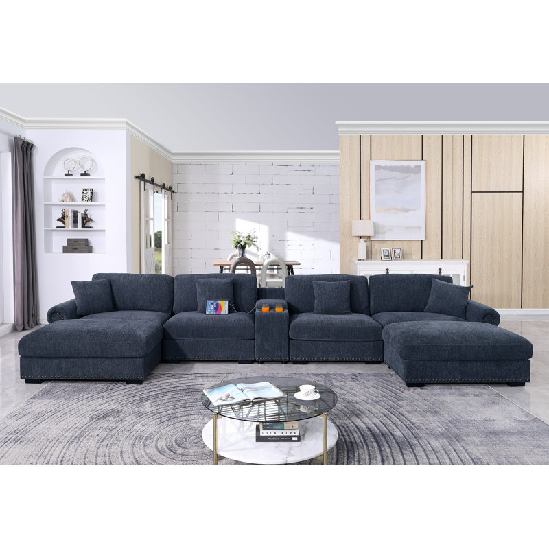 7 - Piece 179.86" U Shape Sectional Sofa Cloud Couch With Removable Ottomans & Cup Holder, USB & Type-C Charging Ports