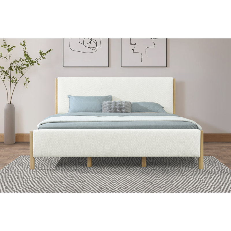 Lit capitonné moderne blanc avec pieds en bois d'hévéa, blanc