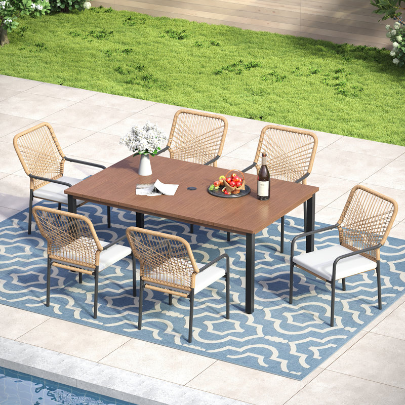 Rectangular Patio Dining Set With Cushioned Stackable Rattan Chairs, Brush Wood Brown