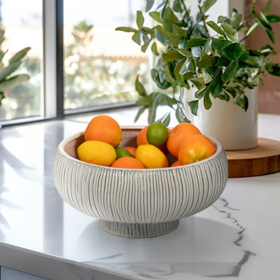 Decorative Round Ceramic Centerpiece Bowl for Home Decor - Sculpted Pedestal Fruit Bowl for Kitchen or Dining Table Display - 14", White