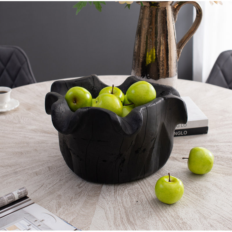13.8x11.8x7.9" Black Teak Wood Bowl with Raised Uneven Edges, Black