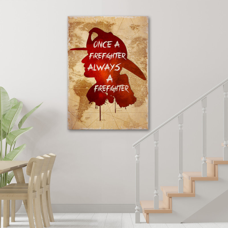 27_Once A Firefighter, Always A Firefighter Gallery Wrapped Canvas - People Illustration Decor, Beige And Red Corridor Decor
