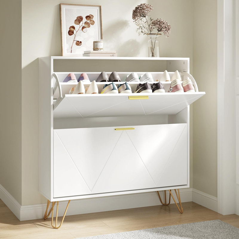 18 Pair Shoe Storage Cabinet With 2 Drawers, White