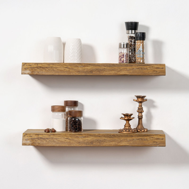 Draven 2-Piece Live Edge Heavy Duty Reclaimed Elm Floating Shelves, Wood, 1.96" H x 24" W x 8" D