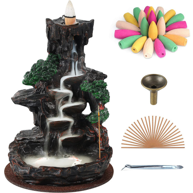Porte-encens en cascade à refoulement, pour l'ajustement de la décoration intérieure ou de l'atmosphère, avec cônes et bâtons d'encens, deux côtés, brun, montagne