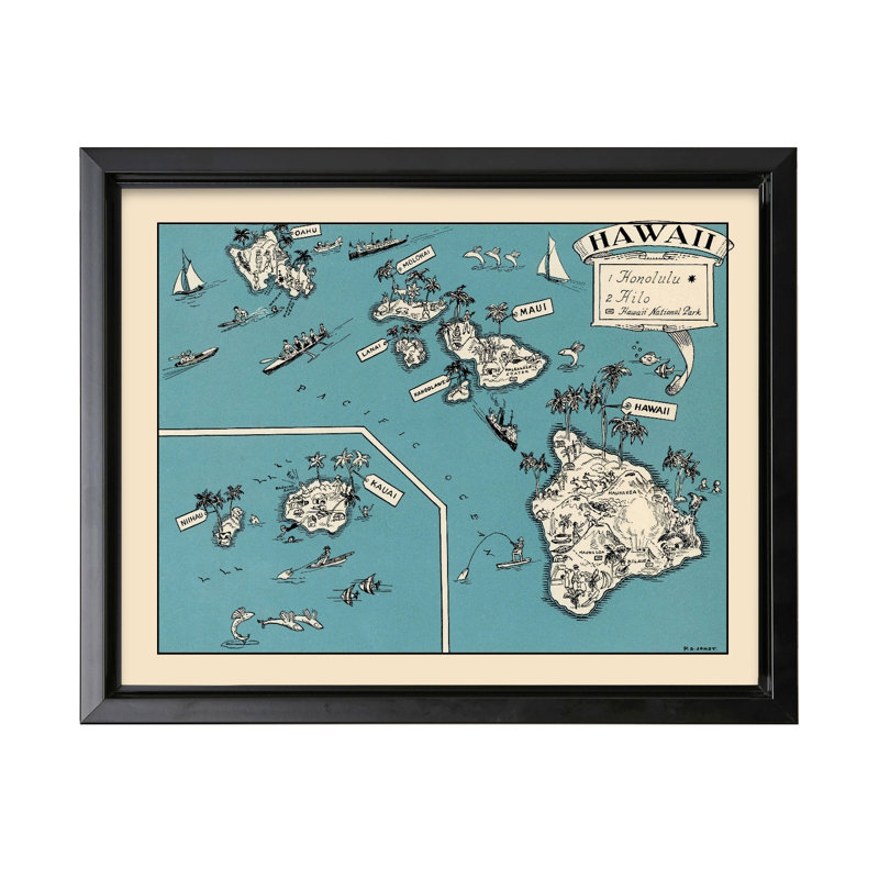 Carte illustrée d'Hawaï, Cadre noir, Canevas, H 12 po x l 16 po