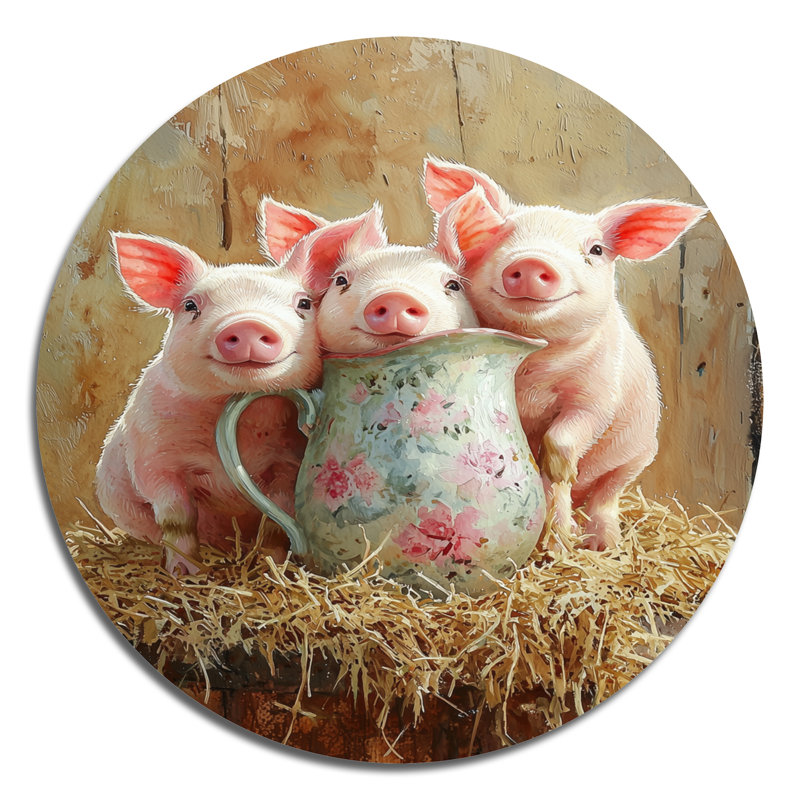 Portrait de lait et de cochons à la grange I - impression murale moderne en métal rose, H 36 po x l 36 po