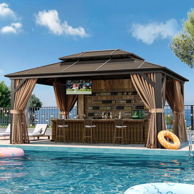 16 Ft. W x 12 Ft. Metal Patio Gazebo, Brown