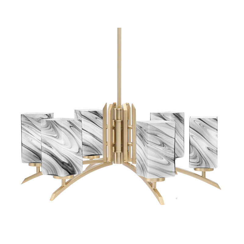 Lustre à 6 lumières Kurve présenté dans une finition laiton nouvel âge avec verre de 3,5 po, Noir / blanc