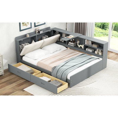 Lit plateforme double en bois gris avec tête de lit avec rangement, tablettes, 2 tiroirs et une expérience de sommeil confortable et durable
