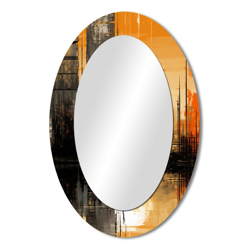 Abstrait paysage urbain coucher de soleil - grand miroir mural ovale sur métal, H 36 po x l 24 po