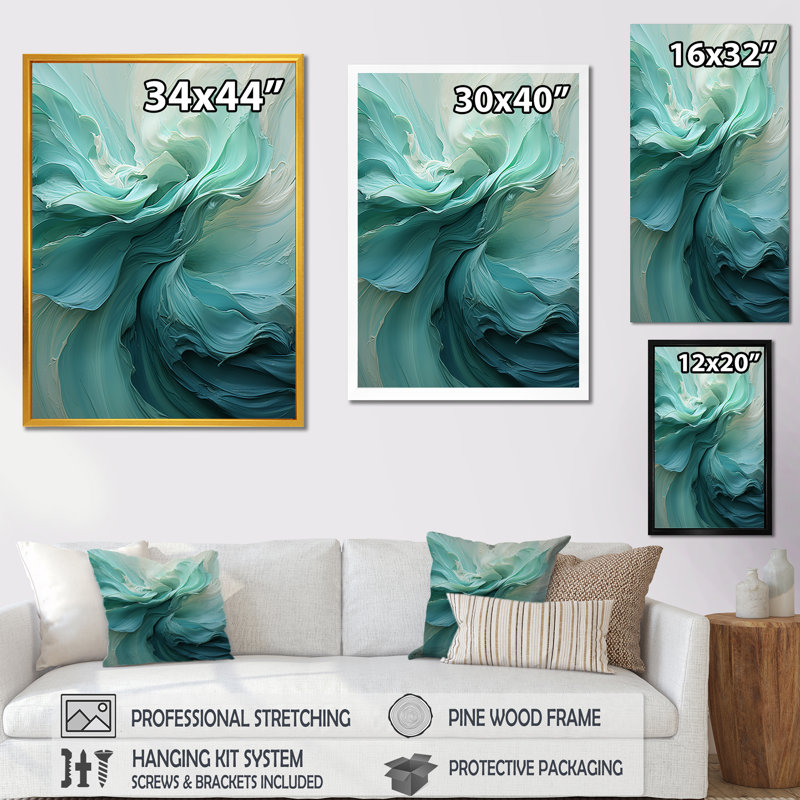 «Green and White Soft Ink Spirals» - Art mural spirales abstraites, H 44 po x l 34 po x P 1,5 po, Cadre flottant noir