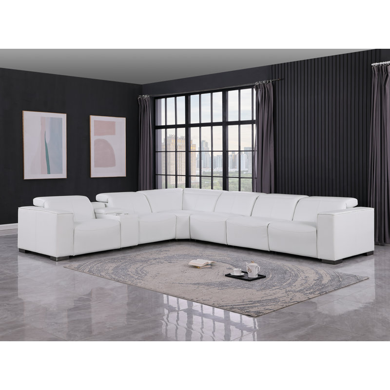 Torrance Luxurious Genuine Leather 7-Piece Sectional With 3 Power Reclining Seats & Power Headrest, White