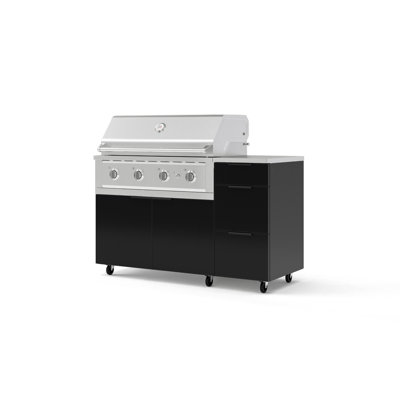 Îlot de cuisine extérieur en aluminium gris ardoise, composé de 4 éléments avec roulettes et 3 tiroirs, comprenant un meuble pour barbecue, un barbecue haute performance au propane de 101,6 cm (40 po) et un plateau en acier inoxydable de 40,6 cm (16 po).