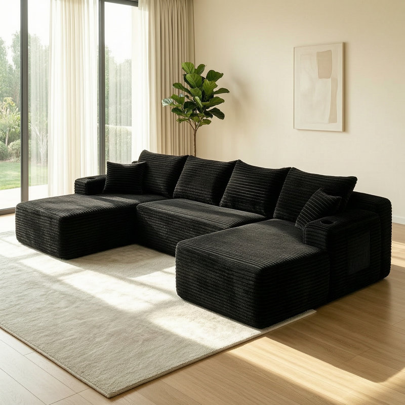 Canapé modulaire en velours côtelé 134 po, Velours côtelé noir