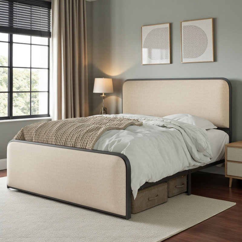 Upholstered Platform Bed, King, Beige/Black