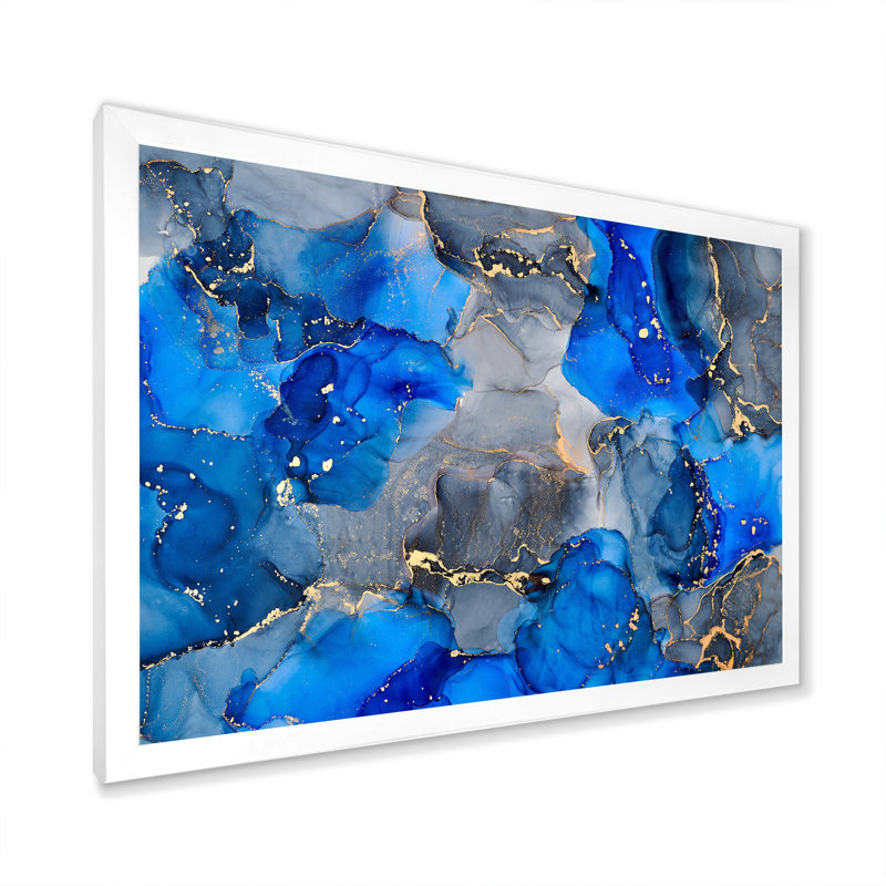 Bleu et gris luxueux abstrait fluide V - peinture sur toile, H 16 po x l 32 po x P 1 po, Cadre photo blanc