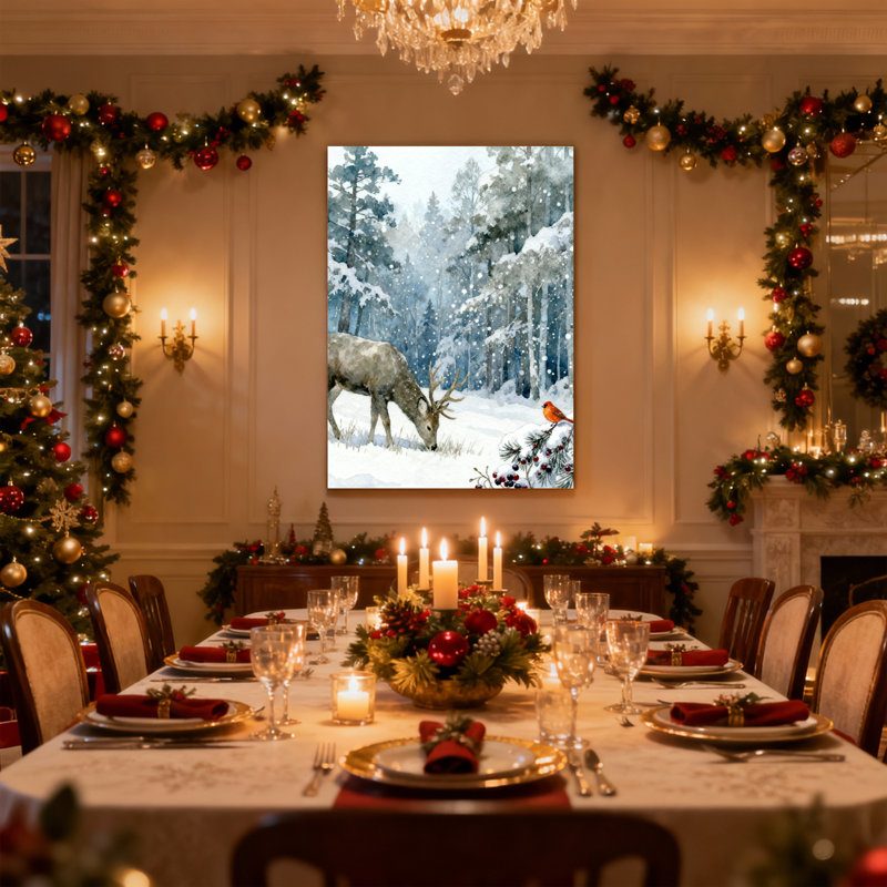Ensemble de 3 reproductions d'art sur toile, "Christmas Winter Forest Deer", H 30 po x l 20 po