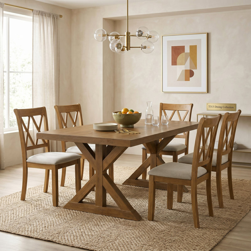 Tamika Enna Morden Farmhouse Wood Trestle Dining Set, Brushed Driftwood Finish, Pieces Included: 7