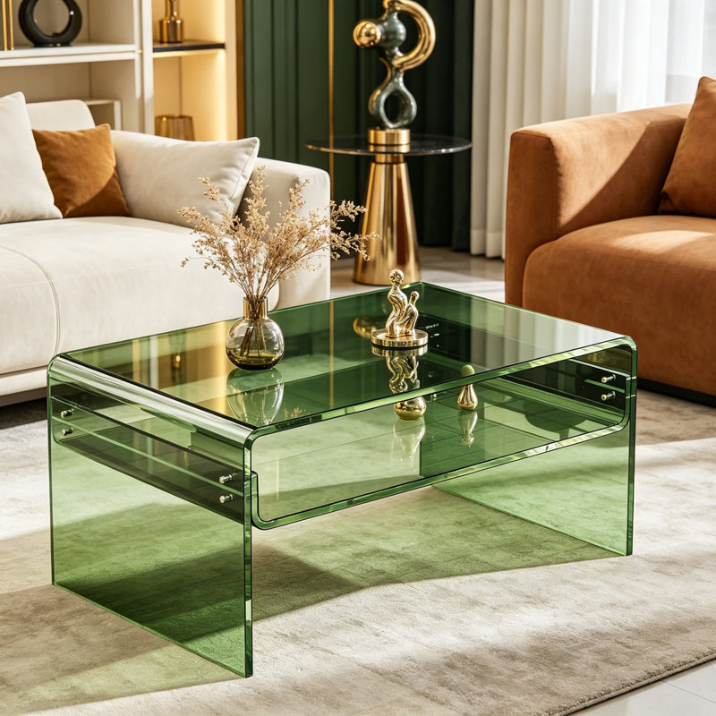 Table basse en acrylique transparent pour le salon, table de bout rectangulaire moderne en Lucite avec tablette de rangement ouverte, design contemporain robuste et facile à nettoyer