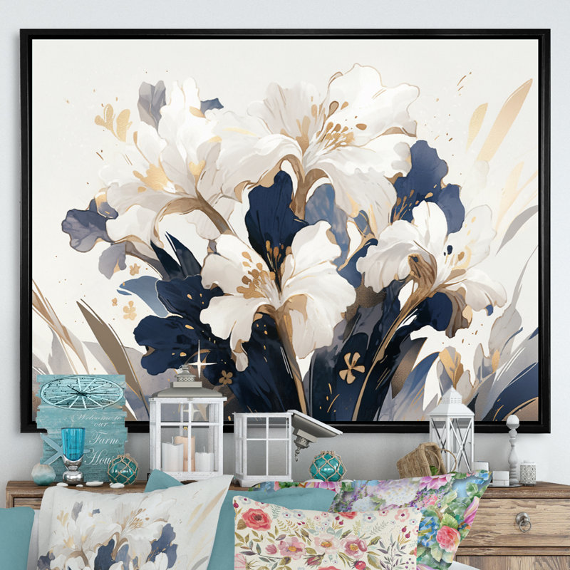 " Gold White Iris Impressions Flower ", 30" H x 40" W x 1.5" D, Black Floater Framed
