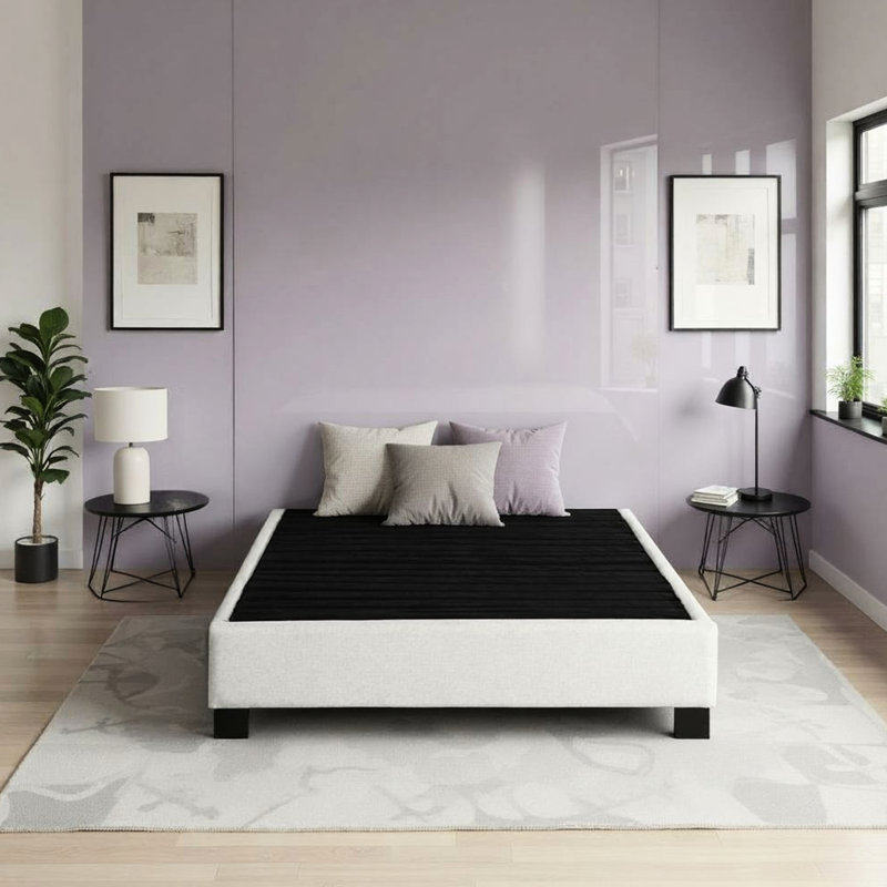 Lit plateforme tapissier grand moderne avec revêtement en avoine, peuplier de 81 po, 61 po de profondeur, 14 po de hauteur, 14 po et cadre - Rembourrage en mousse américaine, placages de couleur requis, sans sommier tapissier