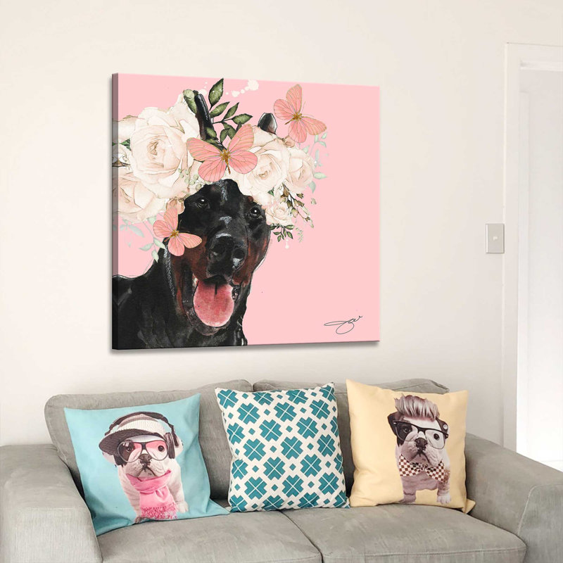 Flower Doberman (Square) par By Jodi - impression, Toile tendue, H 28 po x l 28 po x P 1,5 po