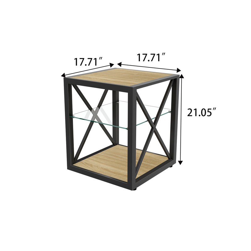Ensemble de 2 tables d'appoint de style Mid-Century à trois niveaux avec tablette centrale en verre trempé et tablettes en grain de bois, structure en métal noir