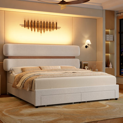 Chenille Upholstered Bed with Curved Walnut Headboard