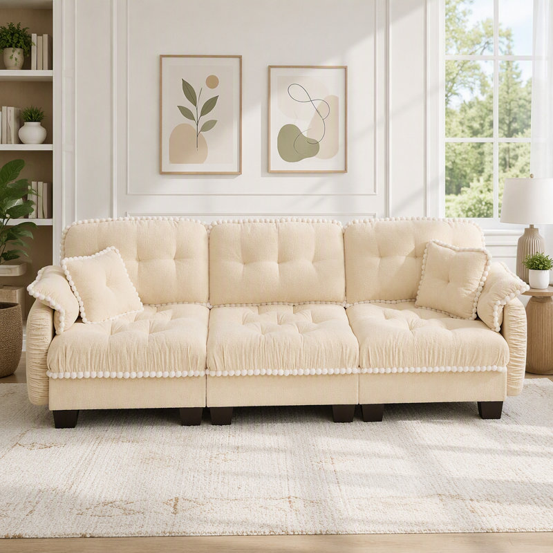Canapé Chenille Cloud 3 places avec repose-pieds et 4 coussins, beige crème, 3-Seater, Cream Beige