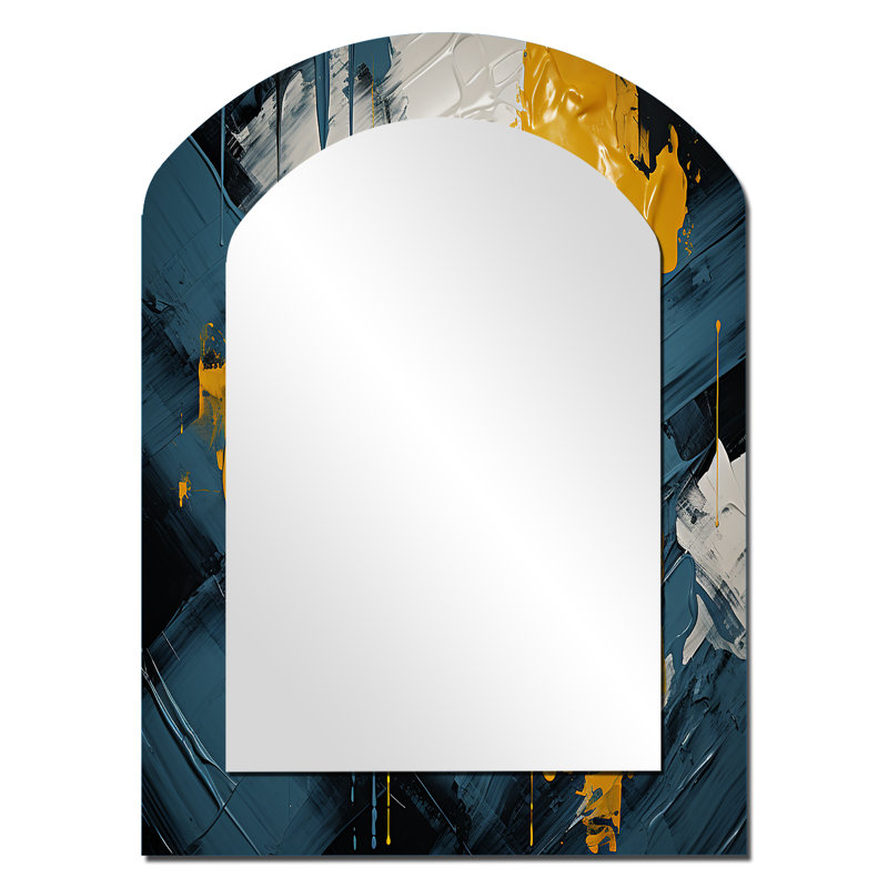 Dialogue With Hope Abstraction On Retro Blue III - Abstract Painting Arch Mirror, Blue Asymmetrical Decorative Wall Mirror, Printed Metal Art