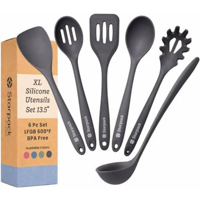 Ensemble d'ustensiles de cuisine en silicone Like a Boss XL (6 pièces, 34 cm) - Certifié LFGB, résistant à la chaleur jusqu'à 315 °C, sans BPA - Noyau en acier robuste, compatible lave-vaisselle - pour ustensiles de cuisine antiadhésifs, gris et noir