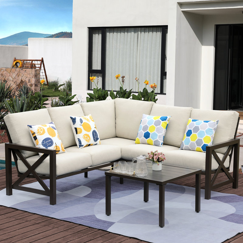 Ensemble de conversation d'extérieur en forme de L pour 5 personnes Nolensville, Coussin beige / structure brun foncé