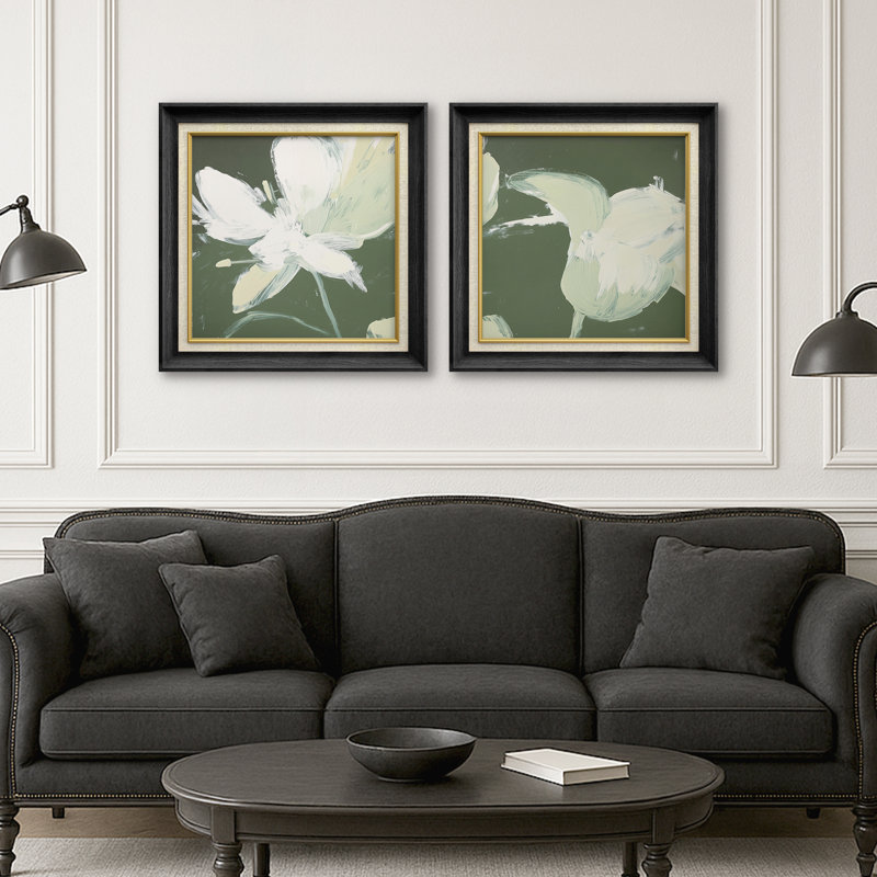 Motif de coup de pinceau floral blanc sur fond vert, H 26 po x l 26 po x P 1,5 po, Cadre de galerie noir