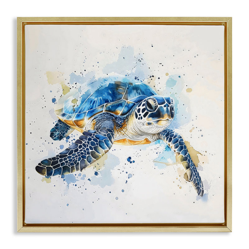 «Blue Sea Turtle with Splatter Floater», art mural par LSR Creative Studio, H 25 po x l 25 po, Cadre flottant métallique doré