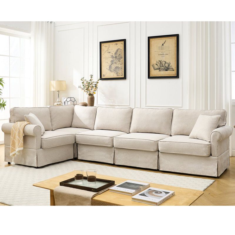 Canapé modulaire en L à 5 places avec revêtement en tissu moelleux beige et structure de soutien solide, Beige