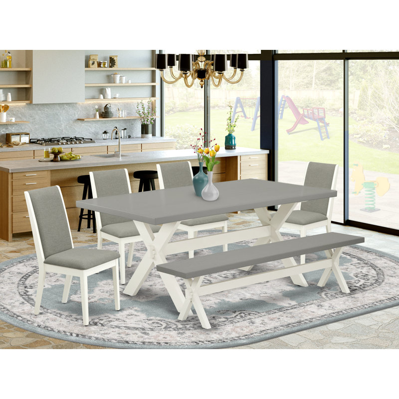L'ensemble de table de salle à manger 6 pièces moderne comprend une table rectangulaire en bois avec des pieds en X et 4 chaises Parson en tissu Shitake en lin avec un banc, en lin brossé blanc