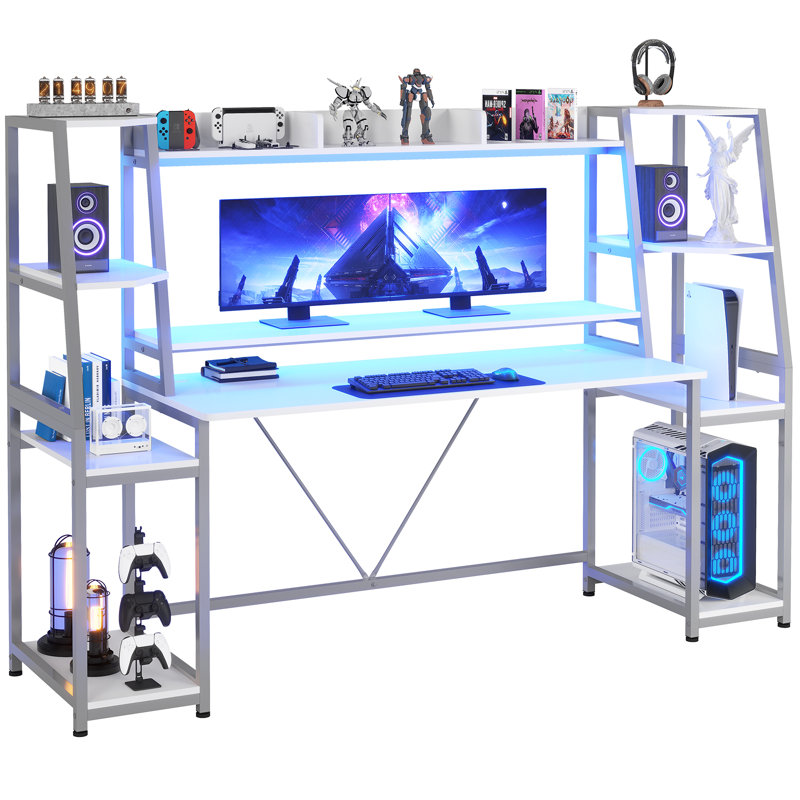  Jenisha 78.8'' Computer Desk Ergonomic Gaming Desk with Hutch LED Lights , White