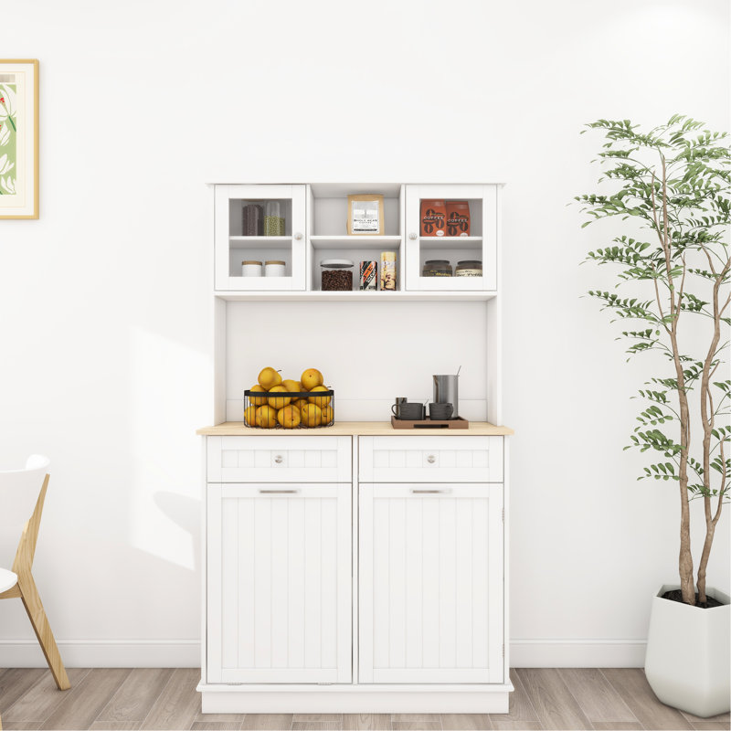 Grande armoire de rangement de 67,7 po avec 3 tablettes réglables et 2 tiroirs. 1 poubelle inclinable pour la cuisine, la salle à manger et le salon. Blanc, design moderne, grand rangement, poubelle cachée, peint