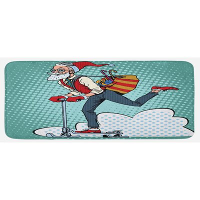 Pop Art Scenery With Hipster Santa Claus On Scooter With Gift Bag Christmas Theme Teal Red Blue Kitchen Mat -  East Urban Home, D8301C7D1922459EB025FF1A3F72C7BC