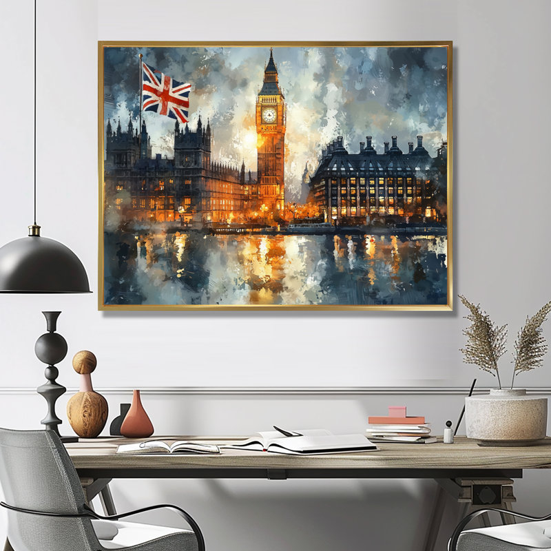 London Big Ben Landscape Glow II - London, art mural, H 16 po x l 32 po, Impression encadrée flottante, Doré