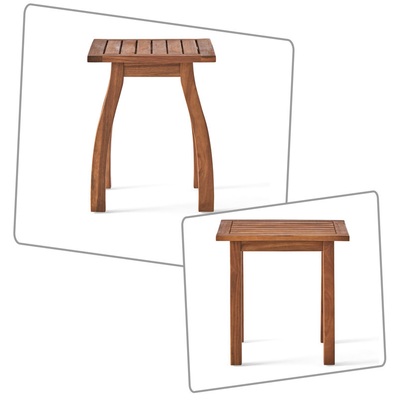 Wood End Table with Slatted Top and Curved Legs, Teak